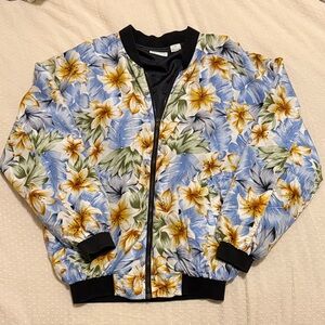 Vintage Silk Floral Bomber Jacket with Blue and Yellow Flowers